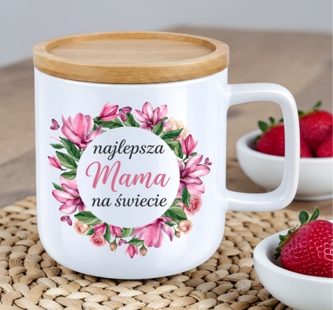 Kubek DUŻY z bambusową podstawką prezent dla MAMY Dzień Matki Mama Teściowa