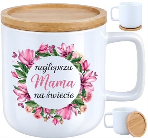 Kubek DUŻY z bambusową podstawką prezent dla MAMY Dzień Matki Mama Teściowa