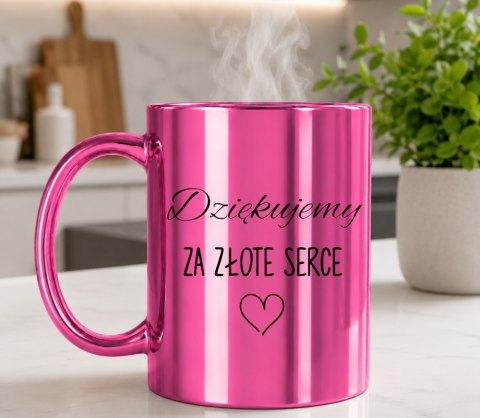 KUBEK RÓŻOWY METALIK PREMIUM Z PODZIĘKOWANIEM URODZINY IMIENINY PREZENT