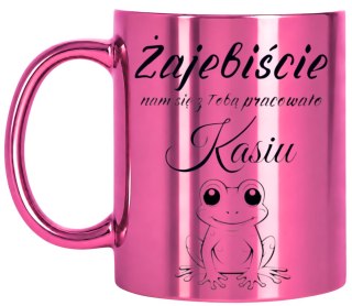 KUBEK RÓŻOWY PREZENT NA POŻEGNANIE KOLEŻANKI Z PRACY Z IMIENIEM