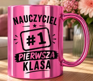 Kubek różowy z nadrukiem prezent Dzień Nauczyciela koniec Roku Szkolnego