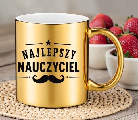 Kubek złoty z nadrukiem prezent Dzień Nauczyciela koniec Roku Szkolnego